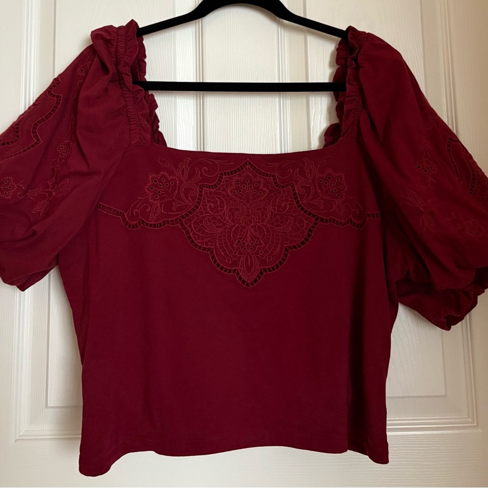 Express Cropped Burgundy Top w/ Embroidered Neckline & Puff Sleeves